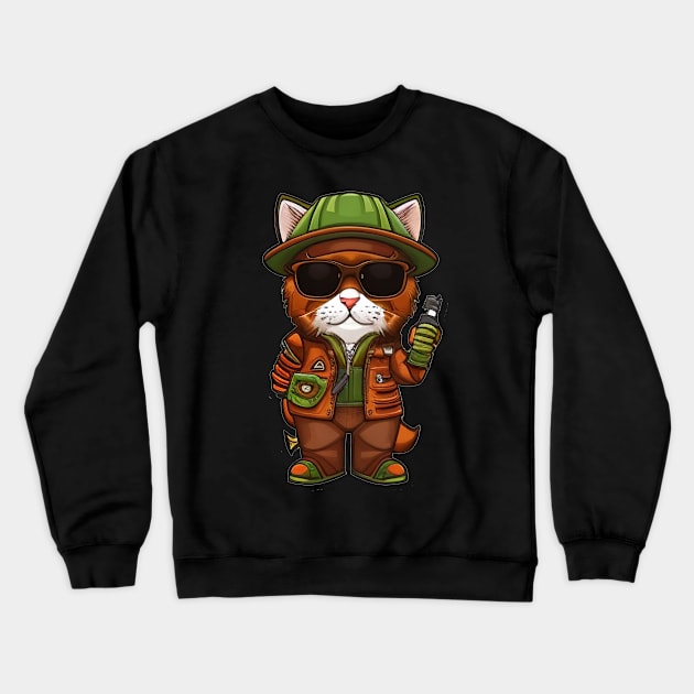 Cute Cat Explorer with Sunglasses and Phone Crewneck Sweatshirt by ImaginativeInkPOD